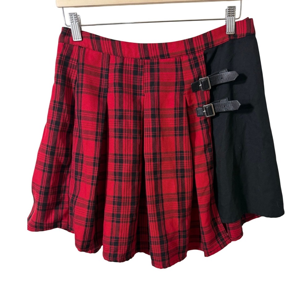 Hot Topic Red Black Plaid Pleated Buckle Mini Skirt Large Punk Goth 16350971